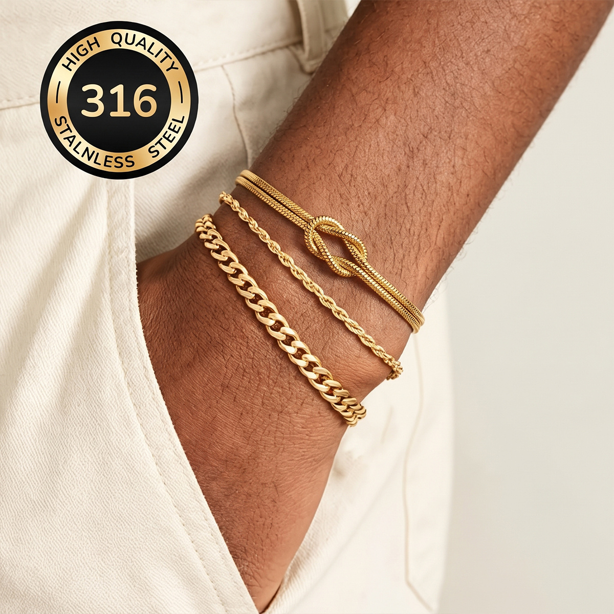 3pc Elegant Waterproof Stainless Steel Cuban Chain Bracelet Set